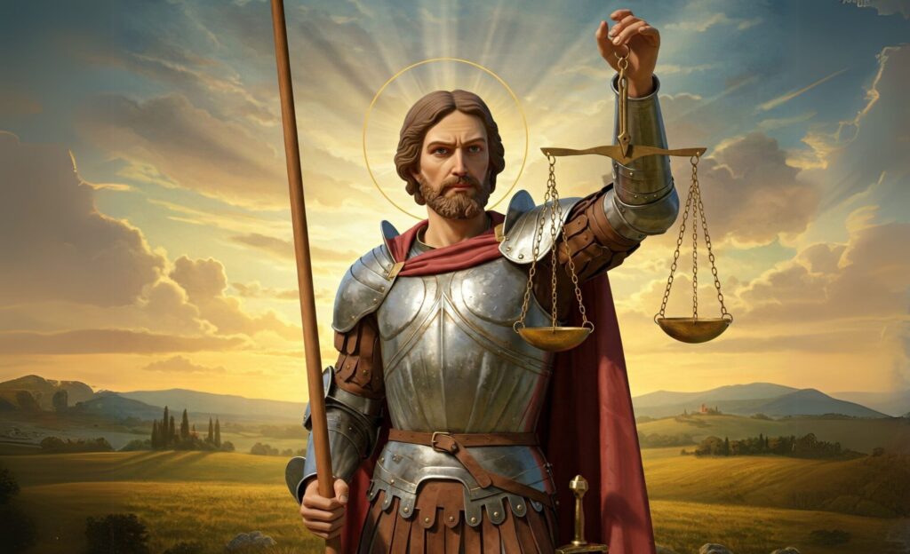 Imagen generada por IA para representar la relación de Sant Jordi, con una balanza de la justicia, con labor profesional de Vosseler Abogados.