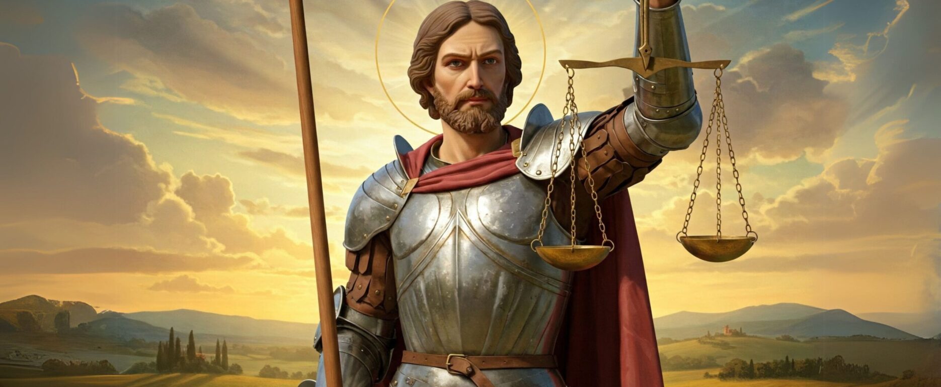 Imagen generada por IA para representar la relación de Sant Jordi, con una balanza de la justicia, con labor profesional de Vosseler Abogados.