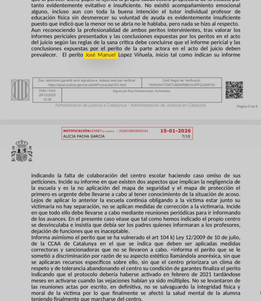 Detalle de la setencia contra un centro escolar por bullying en el que se destaca el trabajo de peritaje de José Manuel López Viñuela