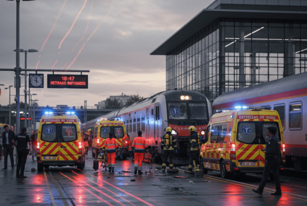 Imagen de recurso creada por IA de una estacion de tren con ambulancias alrededor de un ferrocarril.