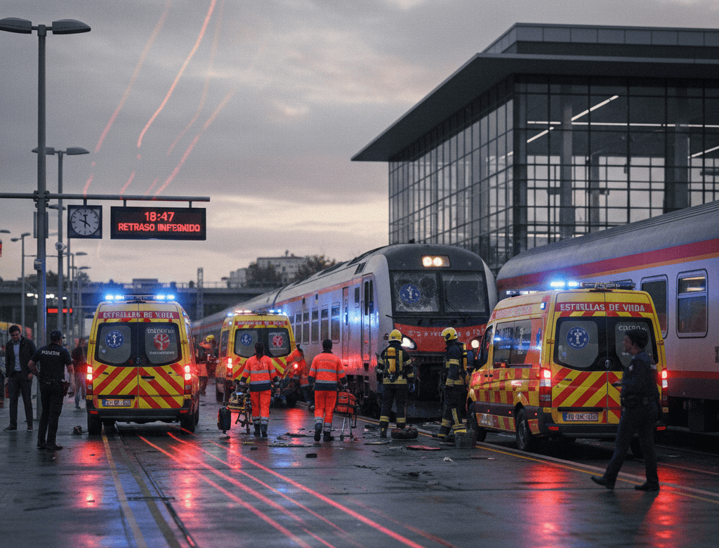 Imagen de recurso creada por IA de una estacion de tren con ambulancias alrededor de un ferrocarril.