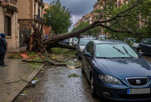 Imagen de IA de un árbol sobre un coche tras una tormenta de viento