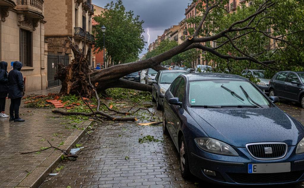 Imagen de IA de un árbol sobre un coche tras una tormenta de viento