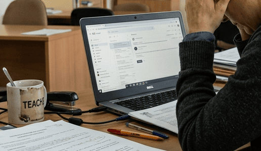 Imagen de recurso de una profesora intentando trabajar ante un ordenador pese a sufrir fotofobia extrema que no le reconoce el INSS