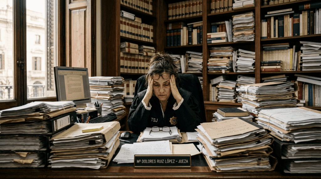 Imagen para el Dia del Bienestar Judicial clon una jueza agobiada por el trabajo pendiente