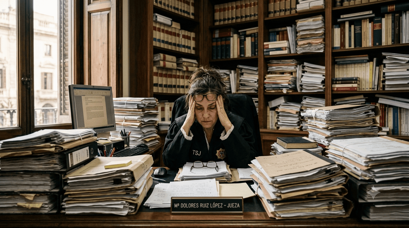 Imagen para el Dia del Bienestar Judicial clon una jueza agobiada por el trabajo pendiente