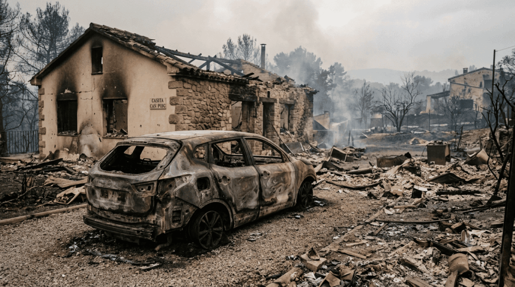 Imagen geberada por IA que ilustra el tema de los seguros en caso de incendio de casa y vehículo.