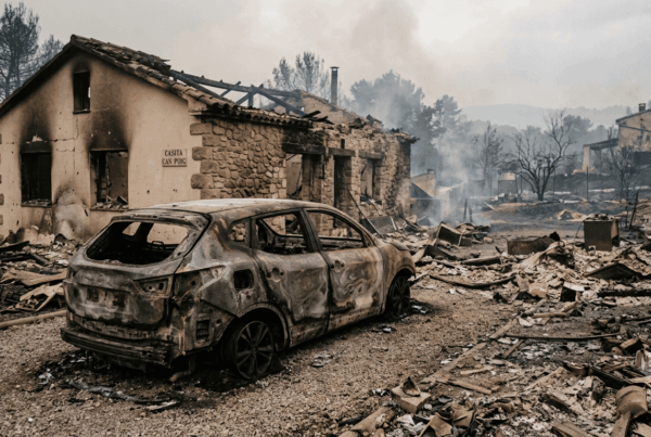 Imagen geberada por IA que ilustra el tema de los seguros en caso de incendio de casa y vehículo.