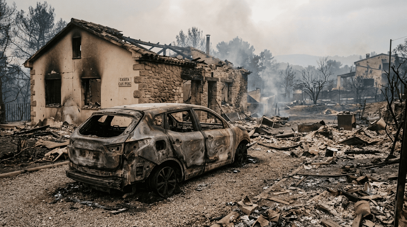 Imagen geberada por IA que ilustra el tema de los seguros en caso de incendio de casa y vehículo.